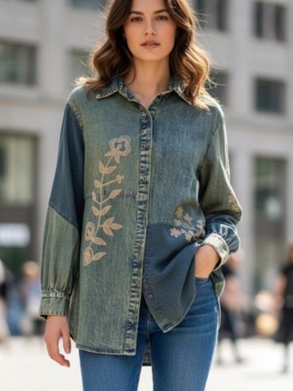 Denim Patchwork Button-Front Shirt with Floral Embroidery - Green